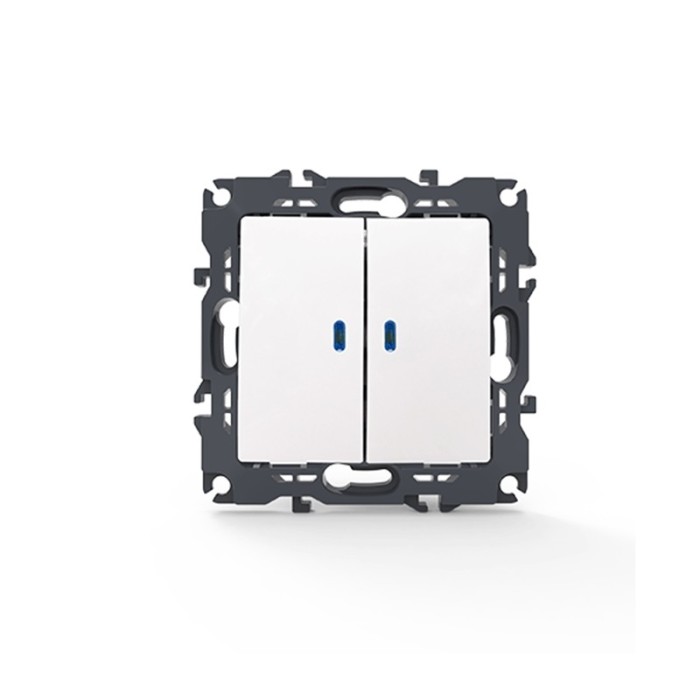 PRIME 2 GANG 1 WAY SWITCH & LED LOCATOR LAMP (ON-OFF) SCREWLESS 1+1P 10AX 250VAC IP20 WHITE