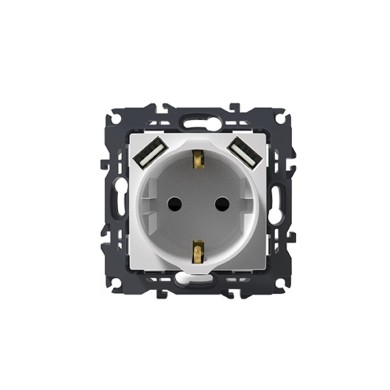 PRIME SCHUKO SOCKET WITH SAFETY SHUTTER 1x2P+E 16A 250VAC & 2 USB 5VDC 3.1A IP20 WHITE