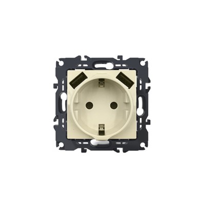 PRIME SCHUKO SOCKET WITH SAFETY SHUTTER 1x2P+E 16A 250VAC & 2 USB 5VDC 3.1A IP20 IVORY