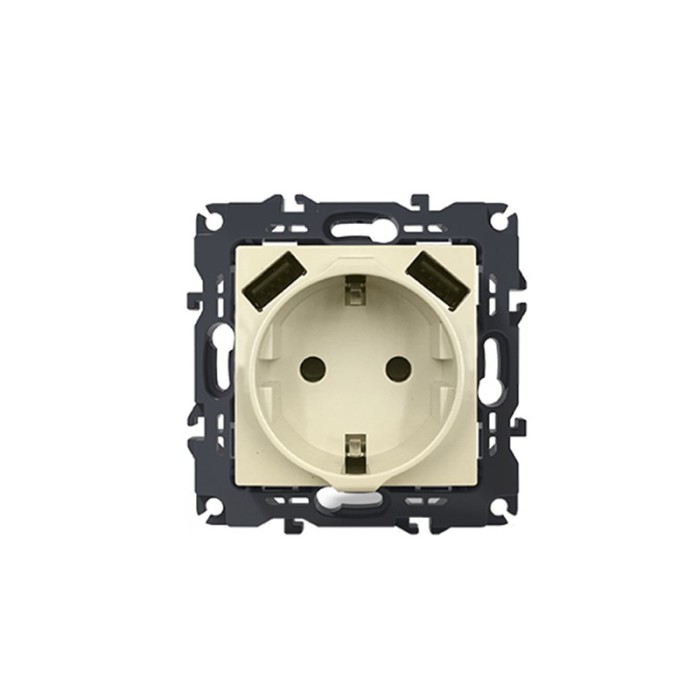 PRIME SCHUKO SOCKET WITH SAFETY SHUTTER 1x2P+E 16A 250VAC & 2 USB 5VDC 3.1A IP20 IVORY