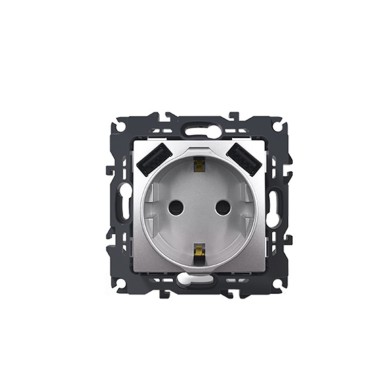 PRIME SCHUKO SOCKET WITH SAFETY SHUTTER 1x2P+E 16A 250VAC & 2 USB 5VDC 3.1A IP20 MATT ALUMINUM