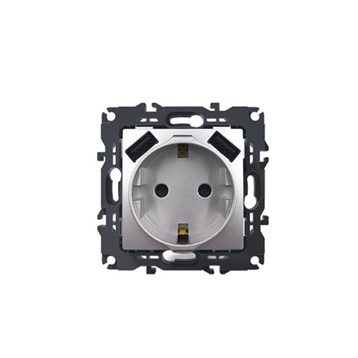 PRIME SCHUKO SOCKET WITH SAFETY SHUTTER 1x2P+E 16A 250VAC & 2 USB 5VDC 3.1A IP20 MATT ALUMINUM