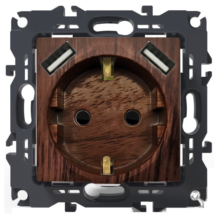 PRIME SCHUKO SOCKET WITH SAFETY SHUTTER 1x2P+E 16A 250VAC & 2 USB 5VDC 3.1A IP20 WOOD