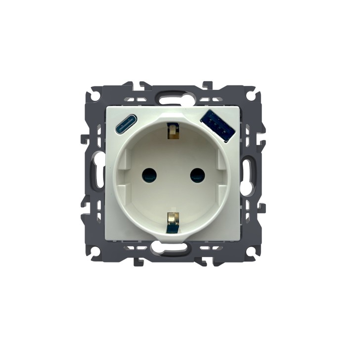 SINGLE SCHUKO SOCKET WITH SAFETY SHUTTER WITH USB FAST CHARGER (A+C) WITH HANGERS IVORY
