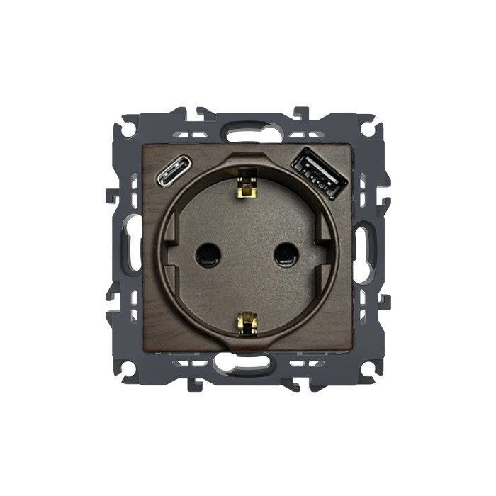 SINGLE SCHUKO SOCKET WITH SAFETY SHUTTER WITH USB FAST CHARGER (A+C) WITH HANGERS WOOD