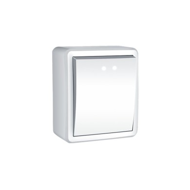 MURATA 1 GANG PUSH BUTTON SWITCH & LED LAMP "LIGHT SYMBOL" WALL MOUΝΤED SCREWS 1P 10A 250VAC IP20 WHITE