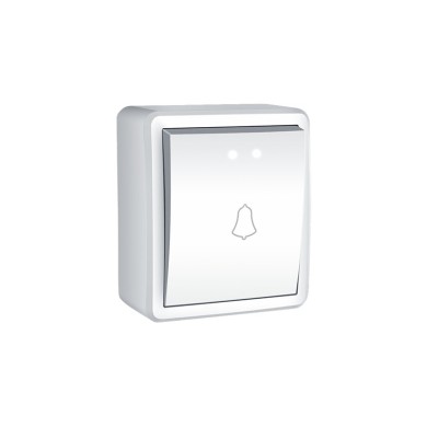 MURATA 1 GANG PUSH BUTTON SWITCH & LED LAMP (12VAC) "BELL SYMBOL" WALL MOUΝΤED SCREWS 1P 10A 250VAC IP20 WHITE