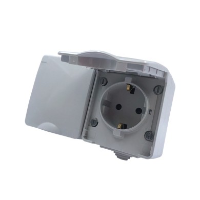ΑRΜΥ DOUBLE SCHUKO SOCKET WITH SAFETY SHUTTER WALL MOUΝΤED WATERPROOF SCREWS 2x2P+E 16A 250VAC IP55 (IP54) LIGHT GREY