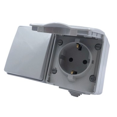 ARMY HORIZONTAL BLOCK 1 GANG 2 WAY SWITCH 1P 10AX 250VAC IP55 & SCHUKO SOCKET WITH SAFETY SHUTTER 1x2P+E 16A 250VAC IP55 (IP54) WALL MOUNTED WATERPROOF SCREWS LIGHT GREY