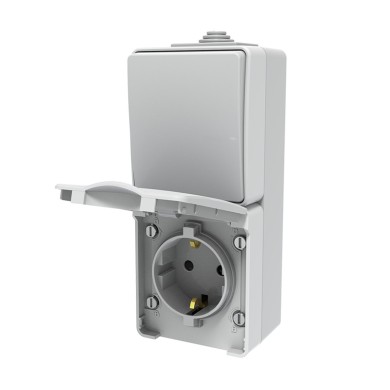 ARMY VERTICAL BLOCK 1 GANG 2 WAY SWITCH 1P 10AX 250VAC IP55 & SCHUKO SOCKET WITH SAFETY SHUTTER 1x2P+E 16A 250VAC IP55 (IP54)  WALL MOUNTED WATERPROOF SCREWS LIGHT GREY