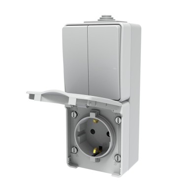 ARMY VERTICAL BLOCK 2 GANG 1 WAY SWITCH 1+1P 10AX 250VAC IP55 & SCHUKO SOCKET WITH SAFETY SHUTTER 1x2P+E 16A 250VAC IP55 (IP54)  WALL MOUNTED WATERPROOF SCREWS LIGHT GREY