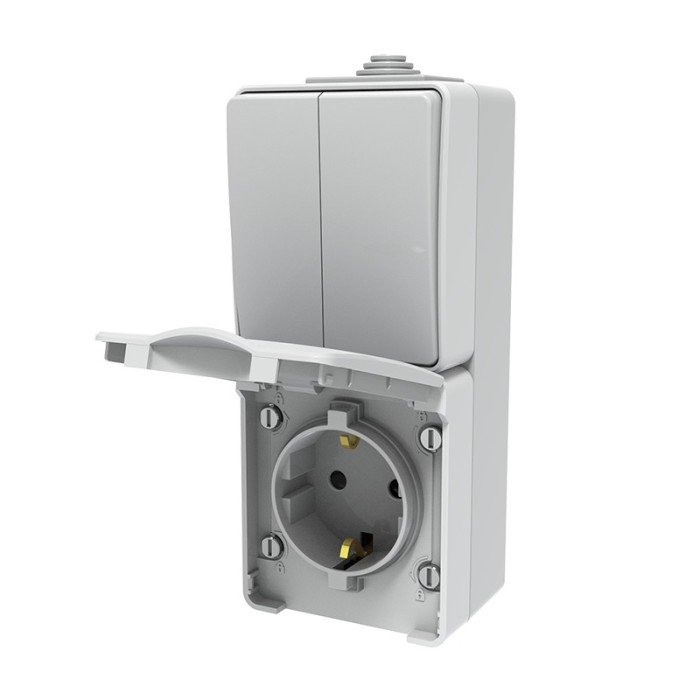 ARMY VERTICAL BLOCK 2 GANG 1 WAY SWITCH 1+1P 10AX 250VAC IP55 & SCHUKO SOCKET WITH SAFETY SHUTTER 1x2P+E 16A 250VAC IP55 (IP54)  WALL MOUNTED WATERPROOF SCREWS LIGHT GREY