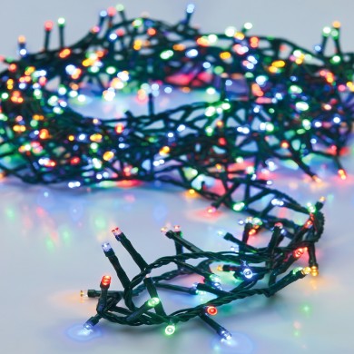 XMAS CLUSTER LED LIGHTS 700 MULTICOLOR 5mm BULB GREEN LEADWIRE 3m IP44 ADAPTER 220/240VAC-31VDC 3.6W 8 FUNCTIONS MEMORY& 8/16 TIMER L14m
