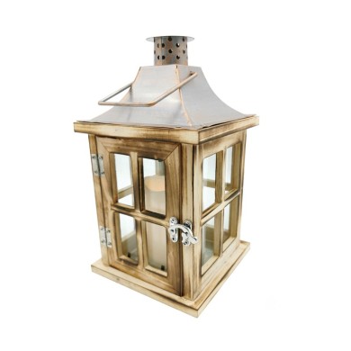  "TORTE" ANTIQUE WOODEN METAL LANTERN - PLASTIC WHITE CANDLE, 1 LED LIGHT WITH BATTERY (3xAAA), WARM WHITE, IP44, 15x15x26cm