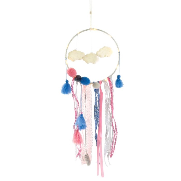  "MULTICOLOR FABRIC DREAMCATCHER", 10 MINI LED LIGHTS WITH BATTERIES (2xCR2032), WARM WHITE, IP20, φ20x70cm, TRANSPARENT LEAD CABLE 