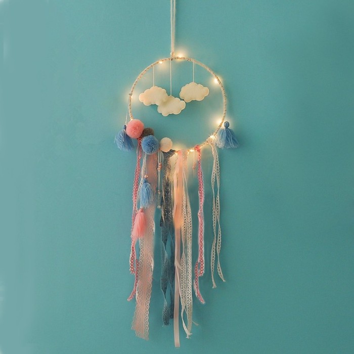  "MULTICOLOR FABRIC DREAMCATCHER", 10 MINI LED LIGHTS WITH BATTERIES (2xCR2032), WARM WHITE, IP20, φ20x70cm, TRANSPARENT LEAD CABLE 