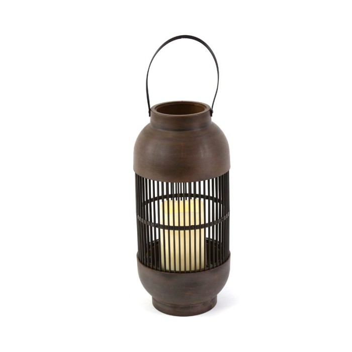  "NOUGAT", ANTIQUE BROWN LANTERN - PLASTIC WHITE CANDLE, 1 LED LIGHT WITH BATTERY (3xAAA), WARM WHITE, IP44, φ14x33cm
