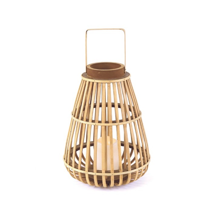  "STRUDEL", BAMBOO LANTERN - PLASTIC WHITE CANDLE, 1 LED LIGHT WITH BATTERY (3xAAA), WARM WHITE, IP44, 24.5x35cm