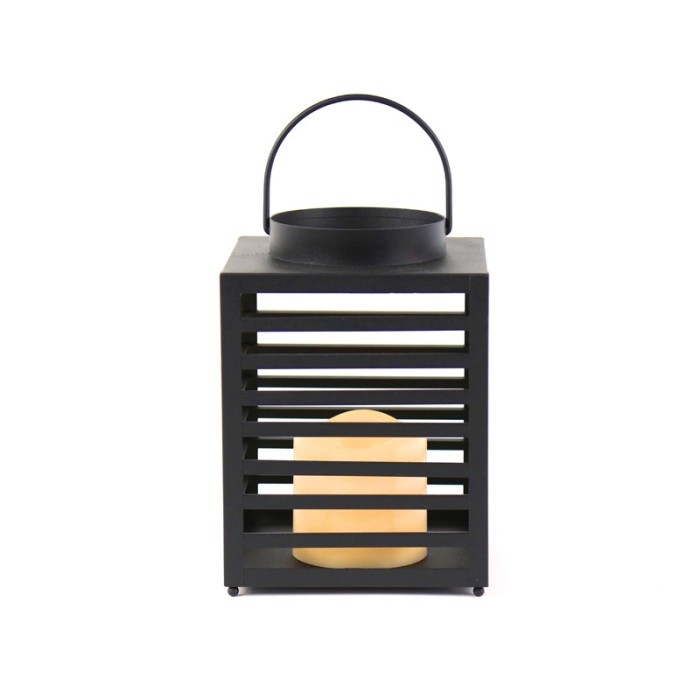  "EBEKO", BLACK METAL LANTERN - PLASTIC WHITE CANDLE, 1 LED LIGHT WITH BATTERY (3xAAA), WARM WHITE, IP44, 14x14x19.5cm