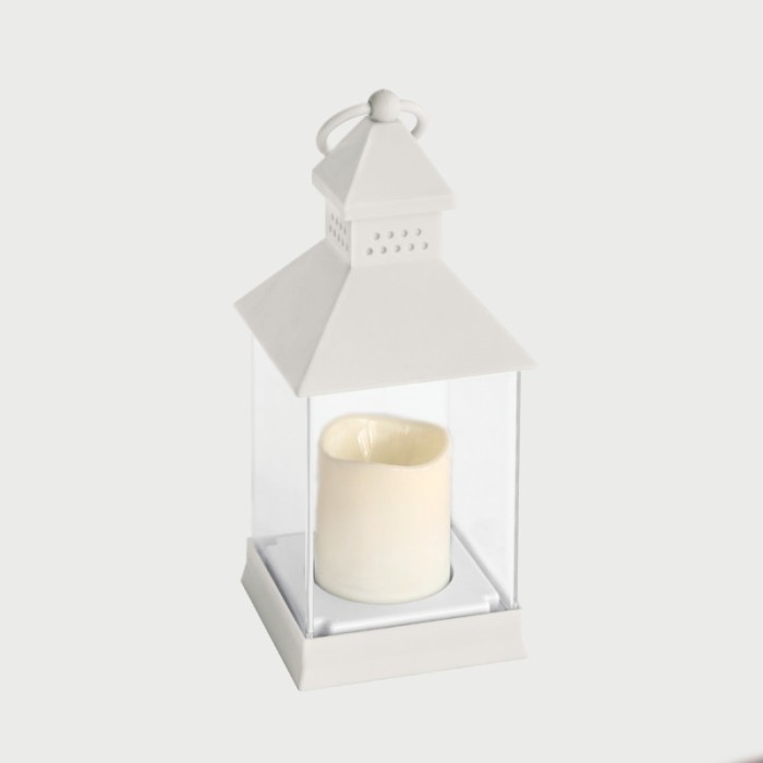 "MAYON", WHTIE PLASTIC LANTERN - PLASTIC WHITE CANDLE, 1 LED LIGHT WITH BATTERY (3xAAA), WARM WHITE, IP44, 10.5x10.5x24cm