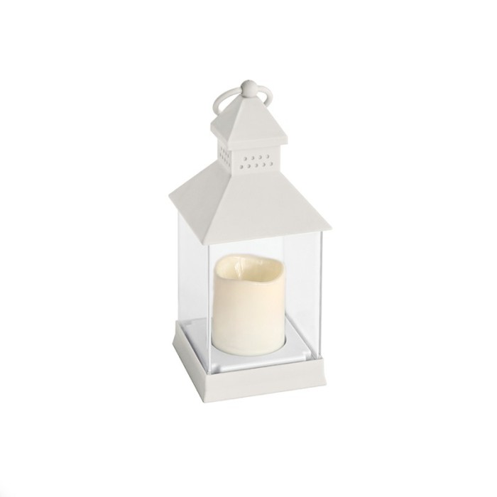 "MAYON", WHTIE PLASTIC LANTERN - PLASTIC WHITE CANDLE, 1 LED LIGHT WITH BATTERY (3xAAA), WARM WHITE, IP44, 10.5x10.5x24cm