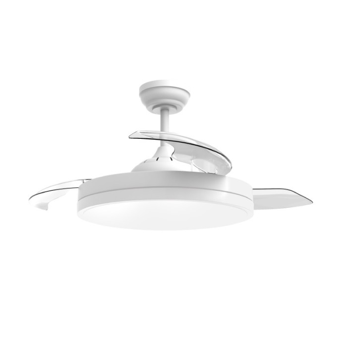 DECORATIVE WHITE CEILING FAN DC35W DIMMABLE LED DIAM106CM 3 TRANSPARENT BLADES WITH REMOTE CONTROL 2 DOWNRODS 13&25CM
