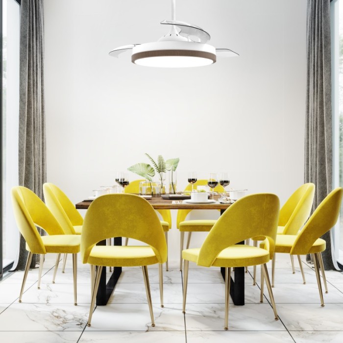 DECORATIVE WHITE CEILING FAN DC35W DIMMABLE LED DIAM106CM 3 TRANSPARENT BLADES WITH REMOTE CONTROL 2 DOWNRODS 13&25CM
