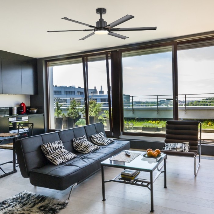 DECORATIVE BLACK CEILING FAN D45W DIMMABLE LED DIAM 165CM 6 BLACK ALUMINUM BLADES WITH REMOTE CONTROL 2 DOWNRODS 13&25CM
