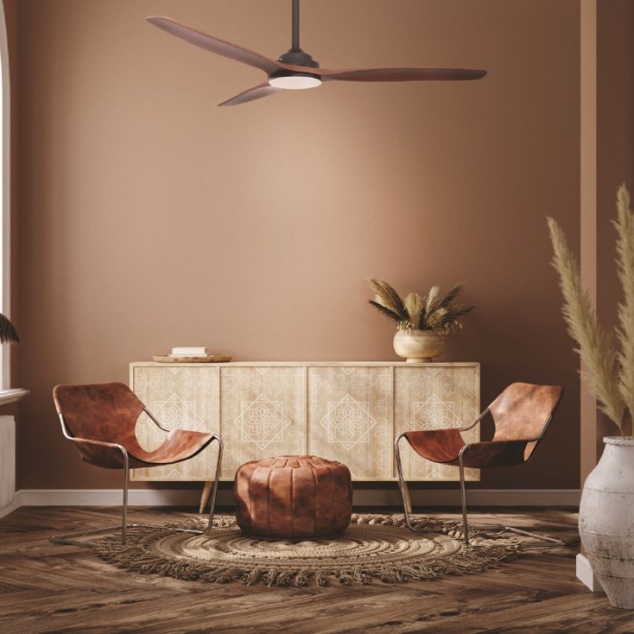 DECORATIVE CEILING FAN WITH DIMMABLE LED DIAM132CM DC40W 3 WOODEN BROWN BLADES WITH REMOTE CONTROL 2 BLACK DOWNRODS 15&25CM