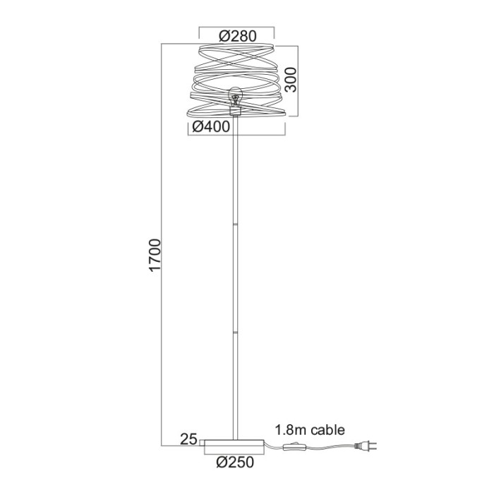 METALLIC FLOOR LIGHT 1XE27 BLACK MATT SPIRAL Φ40xH170CM JAZZ