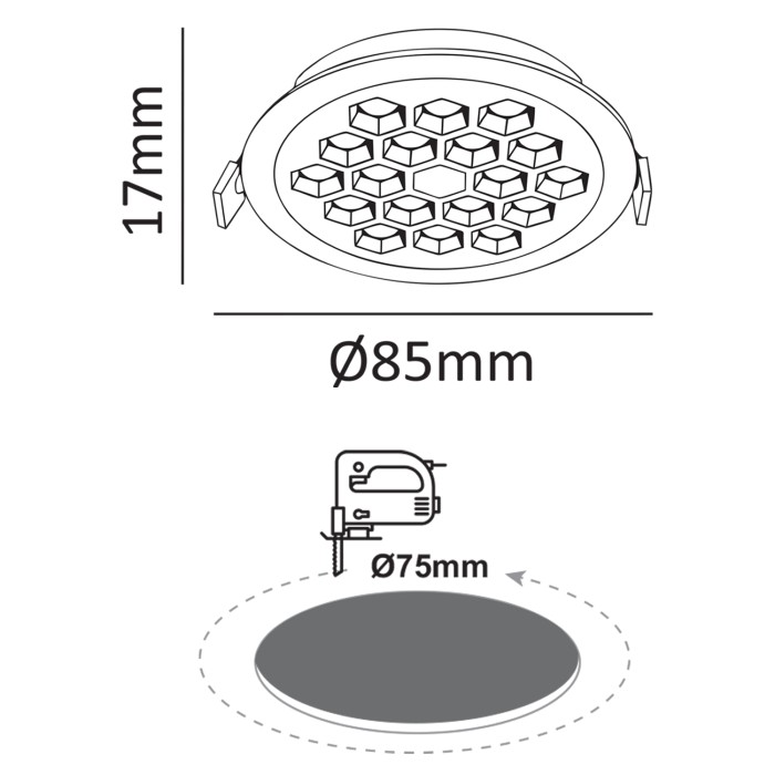 Recessed Honeycomb Light - 6W White with Black Reflector/Ra>80/780lm/3000K
