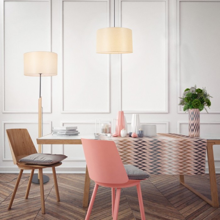 PENDANT LAMP NATURAL WOOD BEIGE FABRIC SHADE 1XΕ27 H56CM D27CM CLIFF
