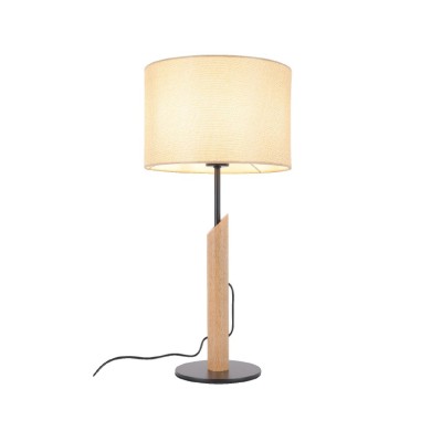 TABLE LAMP BLACK METAL NATURAL WOOD BEIGE FABRIC SHADE 1XΕ27 H56CM D27CM CLIFF

