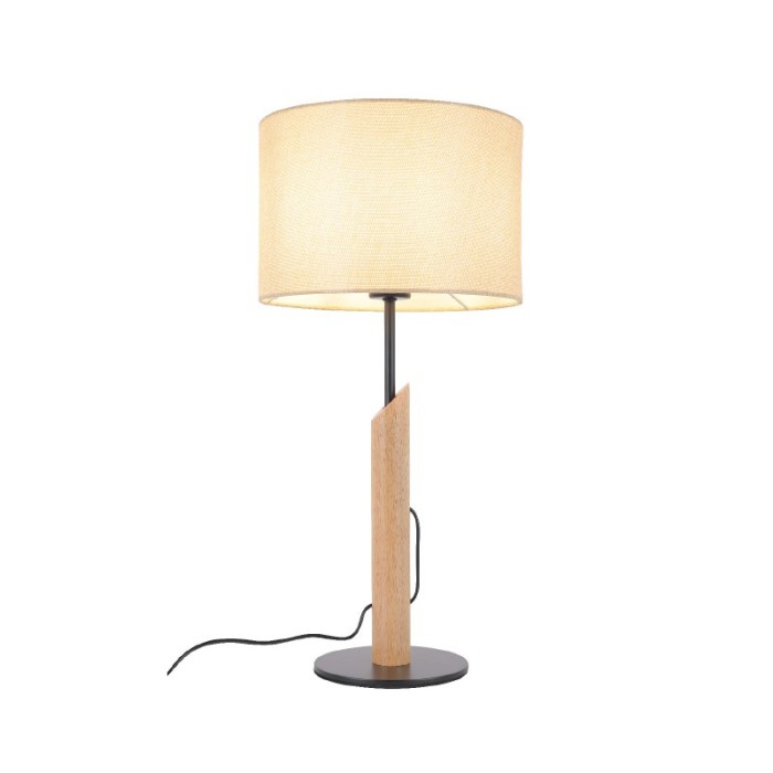 TABLE LAMP BLACK METAL NATURAL WOOD BEIGE FABRIC SHADE 1XΕ27 H56CM D27CM CLIFF
