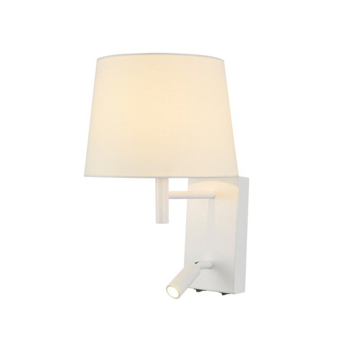 METALLIC WALL LIGHTING FICTURE WITH FABRIC CONICAL SHADE MOVABLE LED READING HEAD AND ON/OFF SWITCH ON THE BOTTOM. NARKISSOS