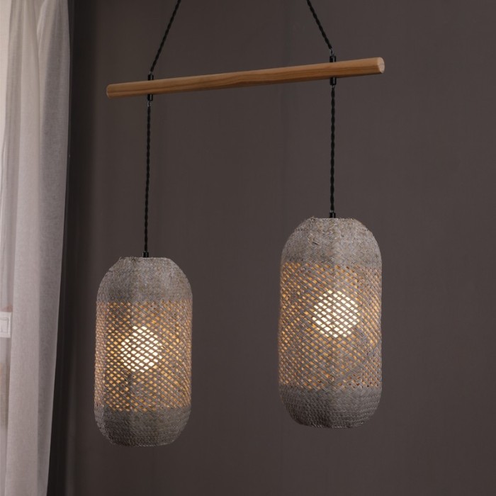 PENDANT LUMINAIRE 2XE27 RATTAN + WOOD 60X20XH120CM COCONUT