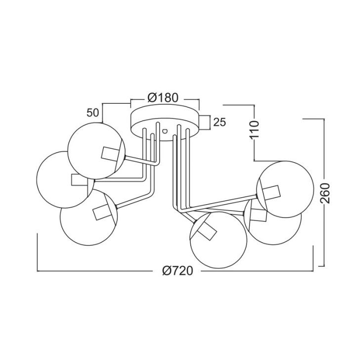 CEILING 6XE14 METAL BLACK+ TINTED GLASS BOMBAY