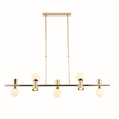 PENDANT L/F 5xG9+5xGU10 KIMOLOS GOLD METAL + WHITE GLASS 120Χ26Χ120CM