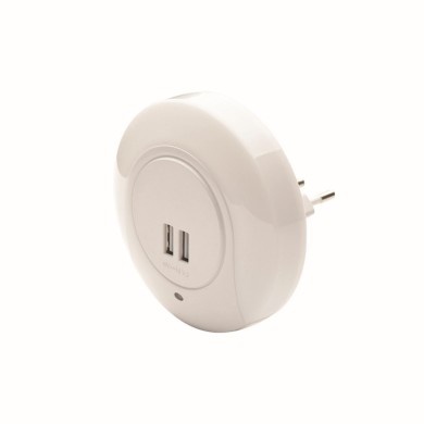 SENSOR NIGHT LAMP 1W 4000K WITH 2 USB PORTS  ,POWER SWITCH ON/OFF K AUTO MODE, WHITE PLASTIC 230V IP20 
