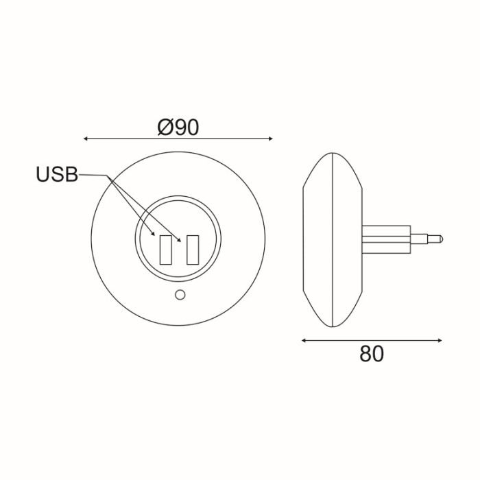 SENSOR NIGHT LAMP 1W 4000K WITH 2 USB PORTS  ,POWER SWITCH ON/OFF K AUTO MODE, WHITE PLASTIC 230V IP20 
