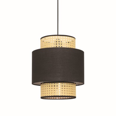 PENDANT LIGHTING 1ΧΕ27 NISYROS BLACK FABRIC+MATTING RATTAN D30XH150CM
