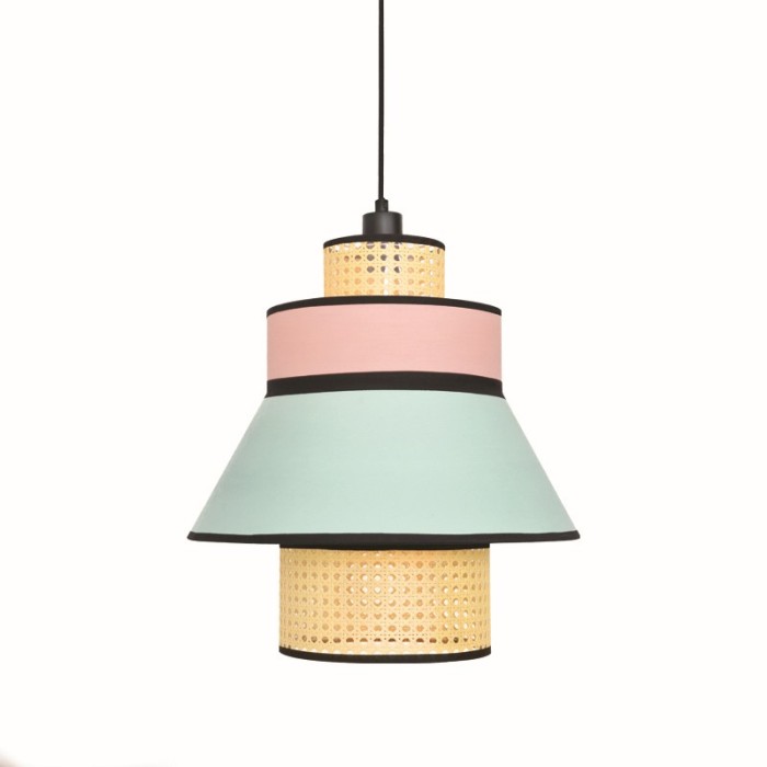 PENDANT LIGHTING 1ΧΕ27 JAPAN ΡΟΖ-MINT FABRIC+MATTING RATTAN D42XH190CM