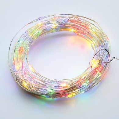 100 LED STRING LIGHTS TIMER RGBY SILVER COPPER WIRE & BAT.3XAA IP44 10m+10cm
