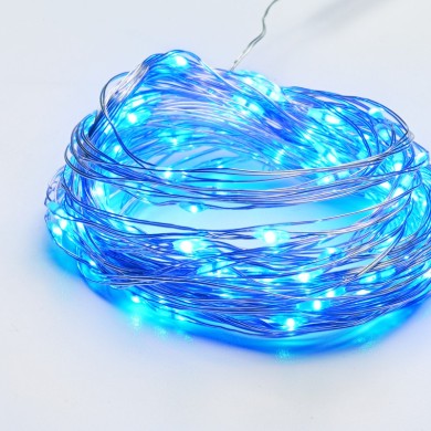 100 LED STRING LIGHTS, BLUE,SILVER COPPER WIRE, ADAPTOR (3,5VDC) & 8FUNCTIONS, IP44, 10M+3M, 600mA