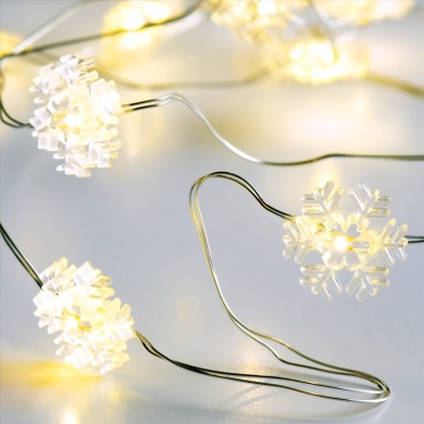 "SNOWFLAKE" MOTIF 20 LED STRING LIGHTS WARM WHITE SILVER COPPER WIRE & BATTER.2xAA IP20 2m+10cm 1.2W 