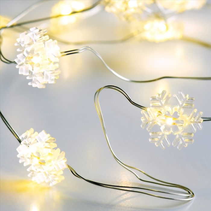 "SNOWFLAKE" MOTIF 20 LED STRING LIGHTS WARM WHITE SILVER COPPER WIRE & BATTER.2xAA IP20 2m+10cm 1.2W 
