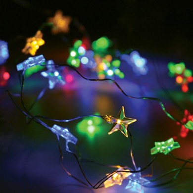 "STAR", 20 LED  COPPER WIRE STRING LIGHTS, RGBY,  SILVER COPPER WIRE.&BAT. 2xAA, IP20, 2M+10CM, 1.2W