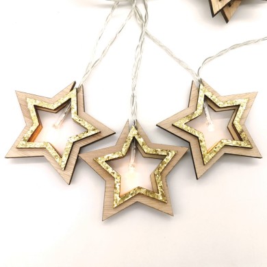  "WOODEN GOLD GLITTER STARS", 10 LED STRING LIGHTS BATTERIES (3xAA), WW, IP20, 135+30cm, TRAN/NT LEAD CABLE