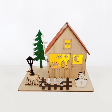  "WOODEN XMAS HOUSE", 1 MINI LED LIGHTS BATT. (3xLR44), WW,IP20, 16X10X13CM