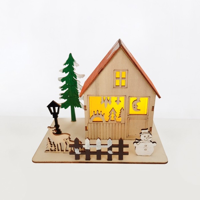  "WOODEN XMAS HOUSE", 1 MINI LED LIGHTS BATT. (3xLR44), WW,IP20, 16X10X13CM